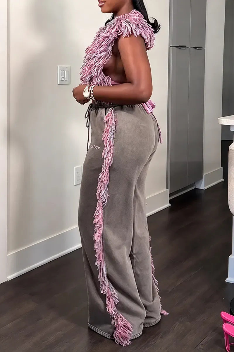 Pink Shaggy-Fringe Top & Washed Gray Wide-Leg Pants Set
