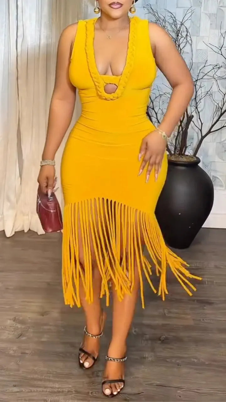 Mustard Braided-Neck Fringe-Hem Bodycon Dress