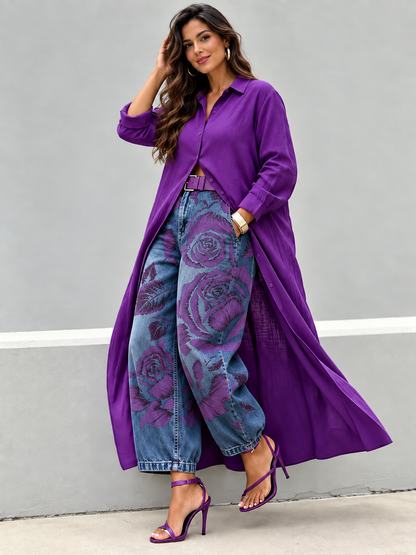 Purple Rose Print Balloon Jeans