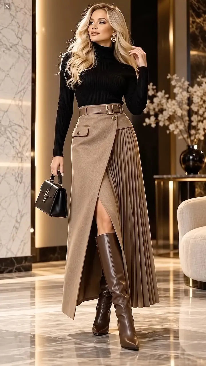 Taupe Belted Wrap-Panel Pleated Midi Skirt