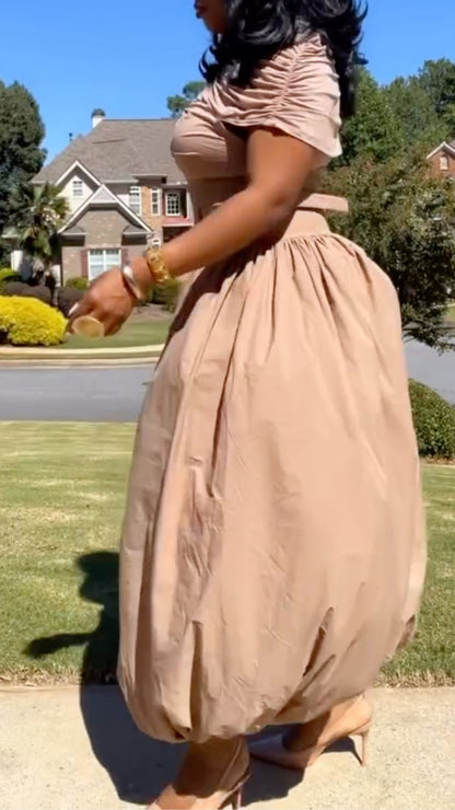 Beige Draped-Shoulder Balloon Jumpsuit