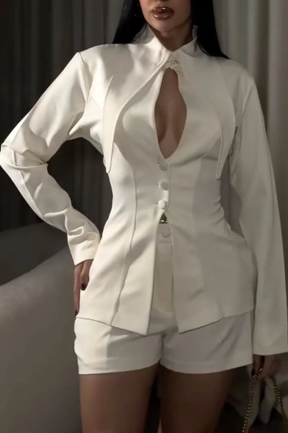 Ivory Keyhole Tie-Collar Jacket and Shorts Set