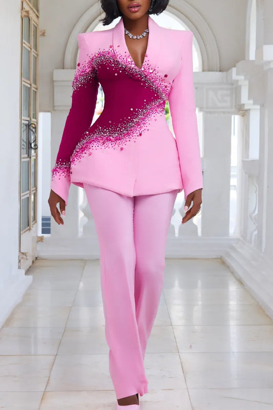 Pink Asymmetric Crystal-Trim Colorblock Pants Suit