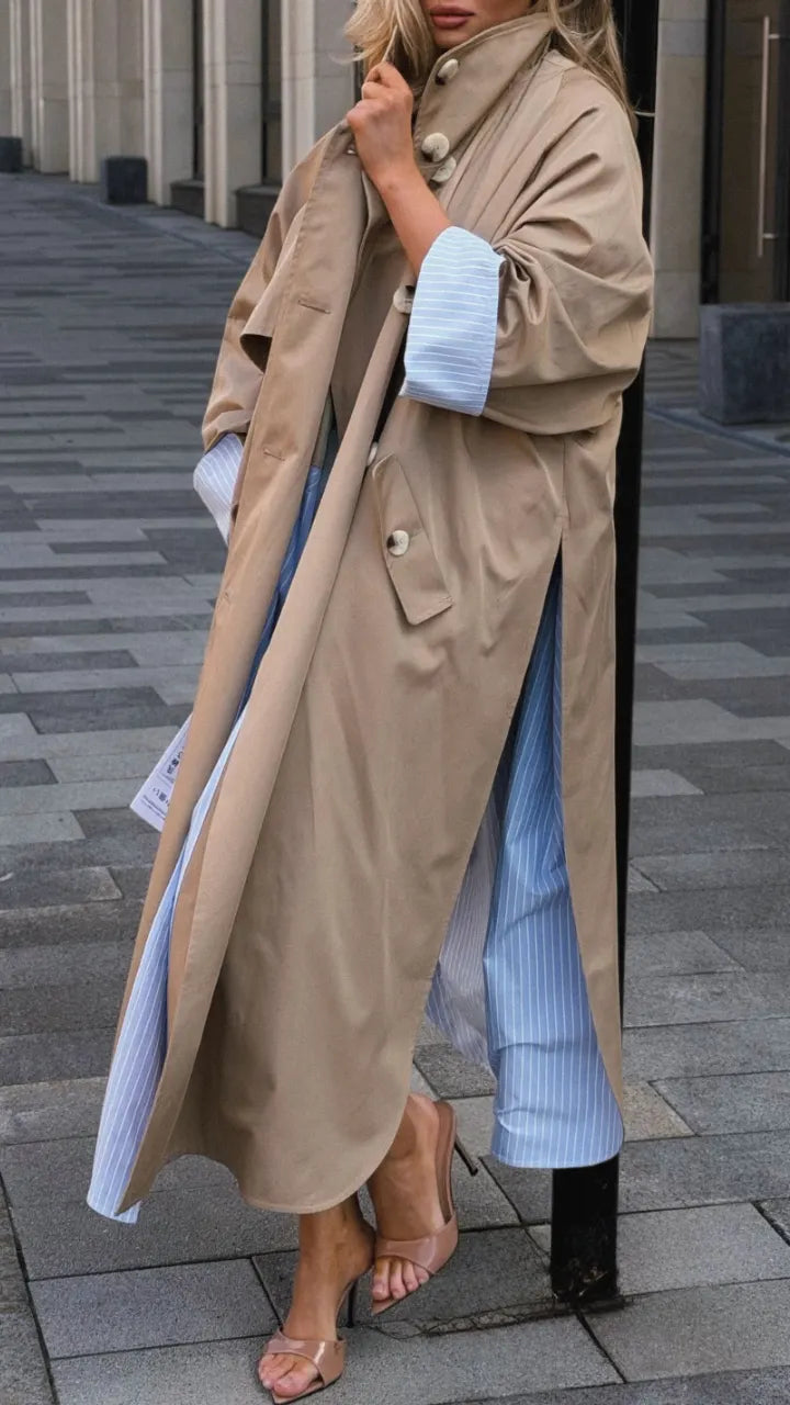 Camel Oversized Contrast-Cuff Long Trench Coat