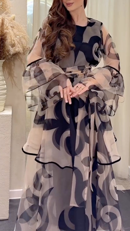 Taupe Abstract-Print Sheer Ruffle Maxi Dress
