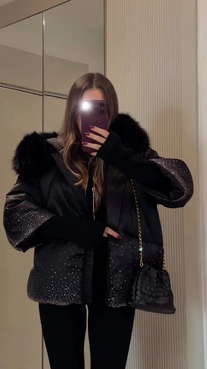 Black Sparkle-Detail Padded Jacket with Plush Collar