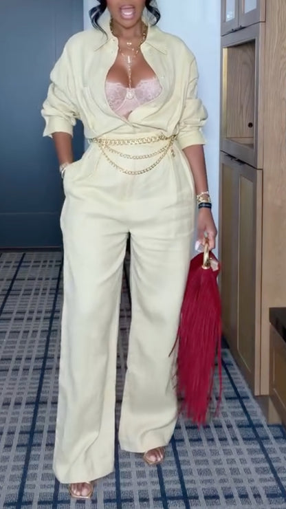 Cream Relaxed Collared Shirt & Wide-Leg Pants Set