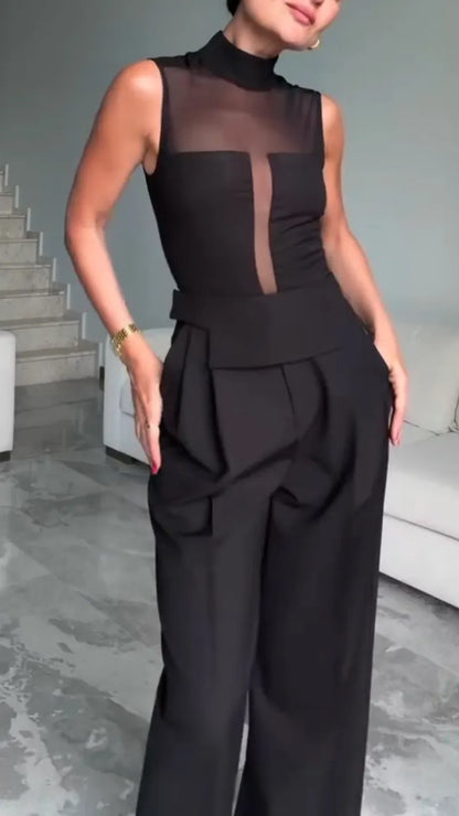 Sheer-Panel Top & Tailored Wide-Leg Pants Set