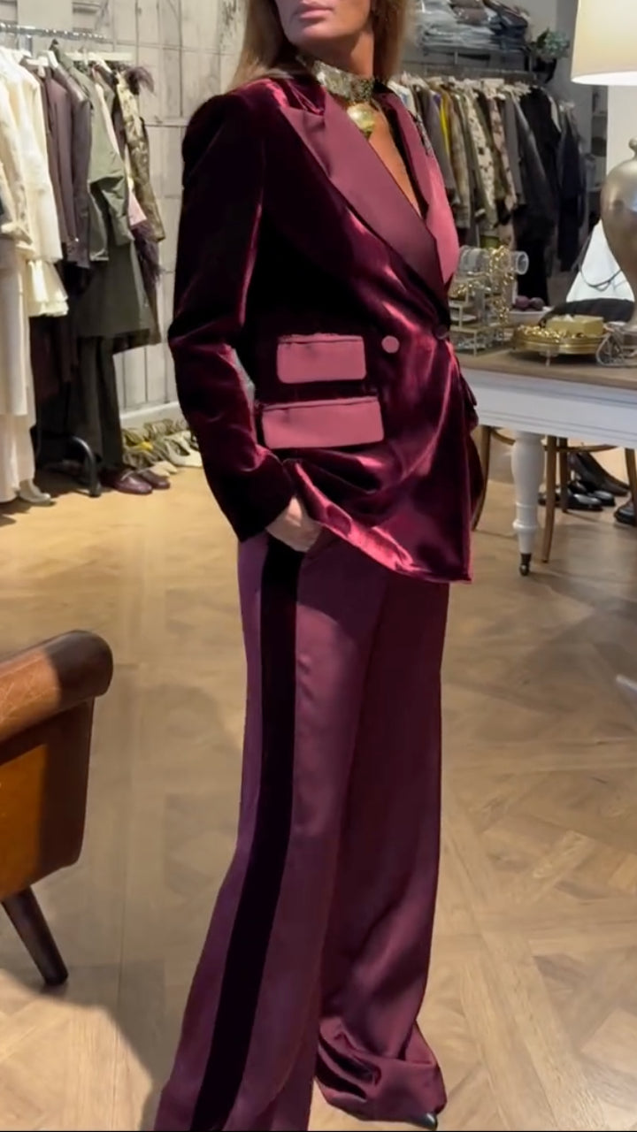 Burgundy Velvet-Look Contrast-Lapel Pants Suit