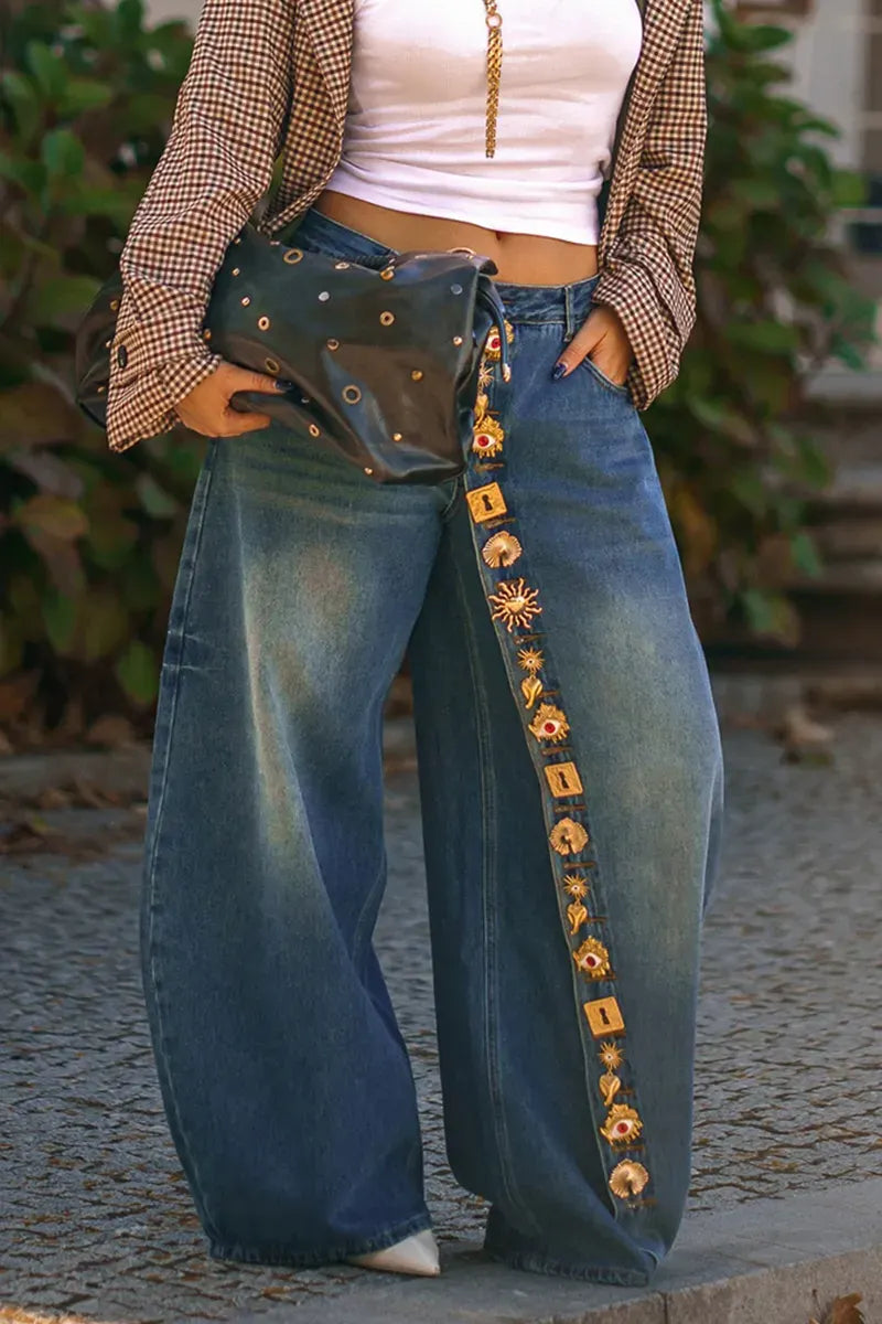 Gold-Motif Embellished Wide-Leg Jeans