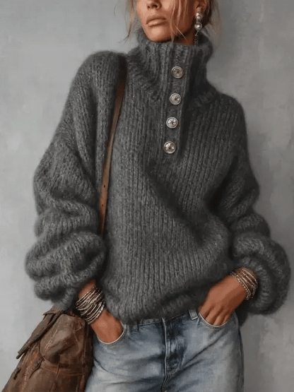 Button-Neck Chunky Knit Sweater