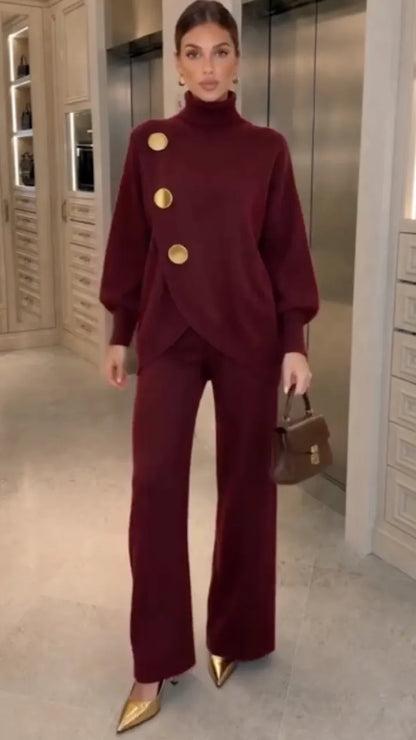Burgundy High-Neck Gold-Button Top & Wide-Leg Pants Set