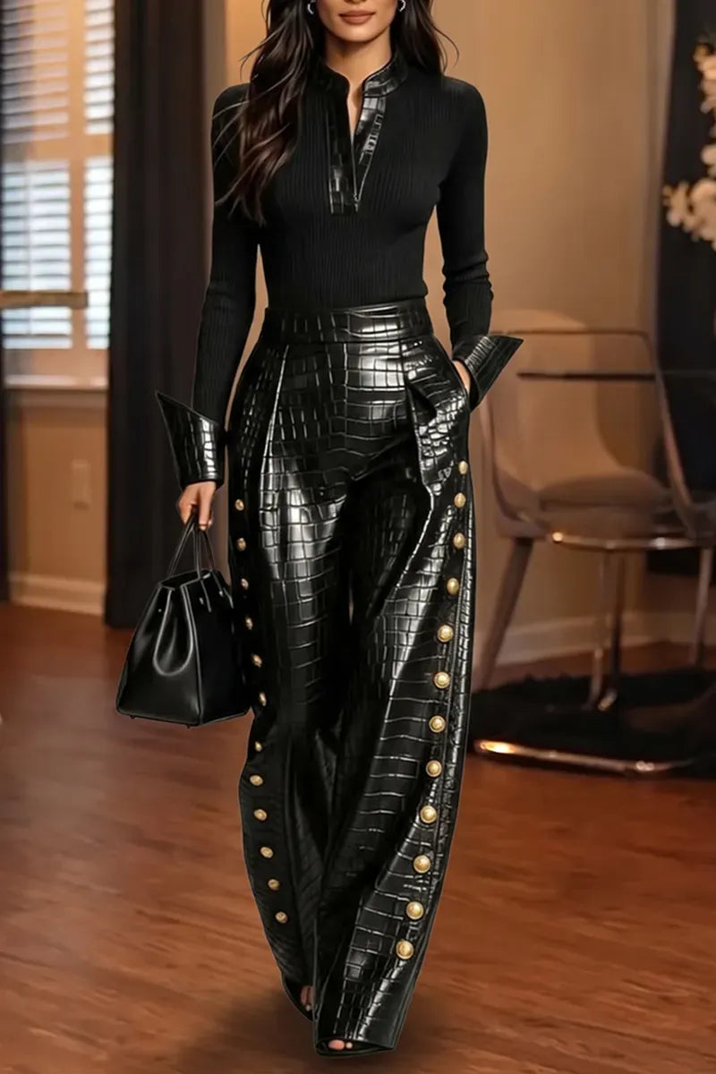 Black Croc-Texture Gold-Button Wide-Leg Pants