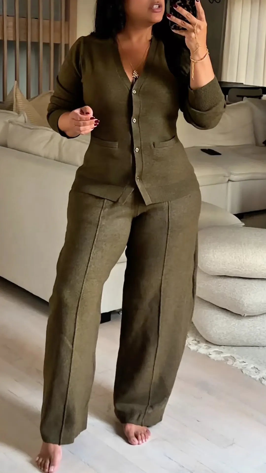 Olive V-Neck Knit Cardigan & Wide-Leg Pants Set