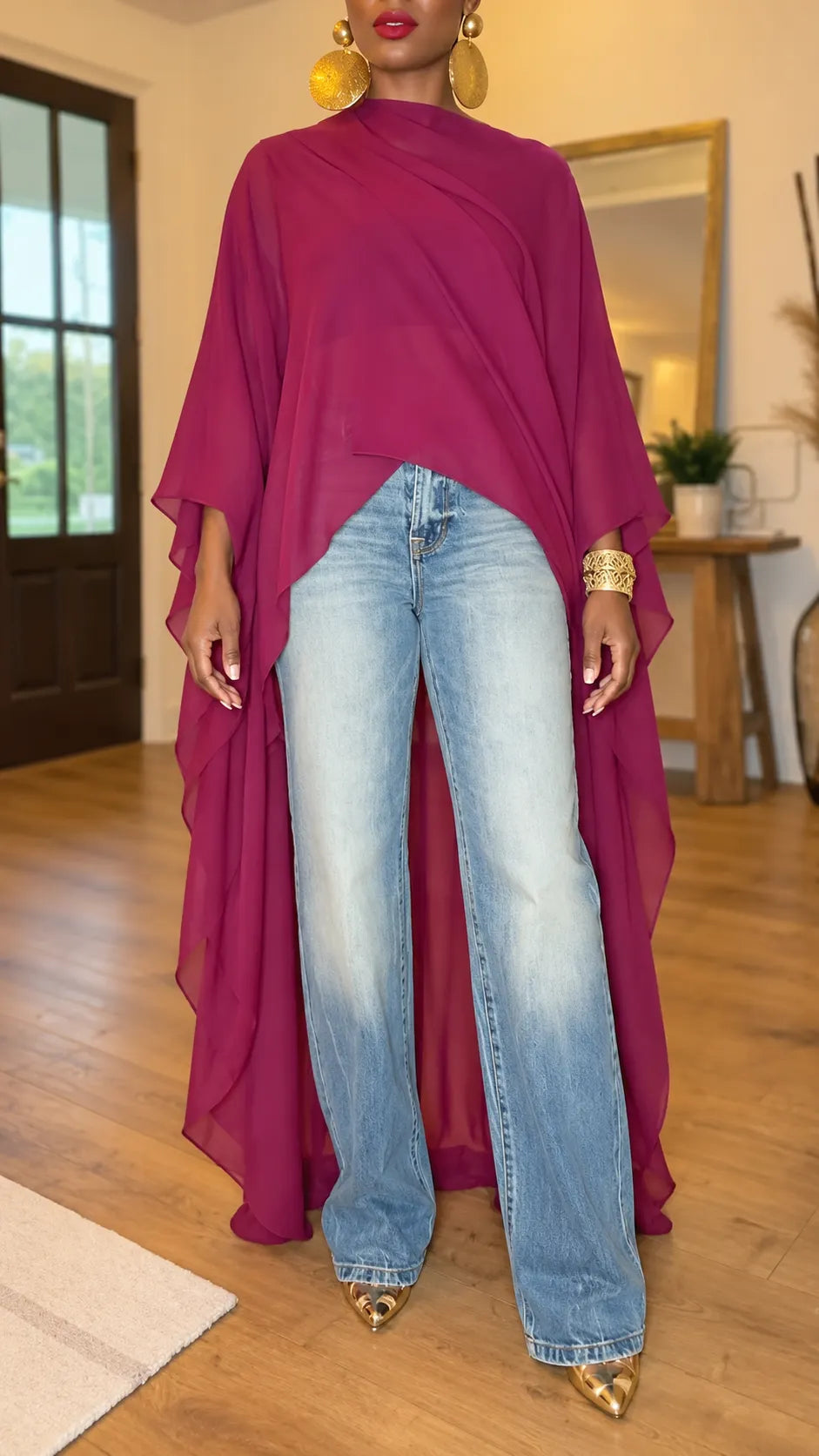Magenta Mock-Neck High-Low Cape Blouse