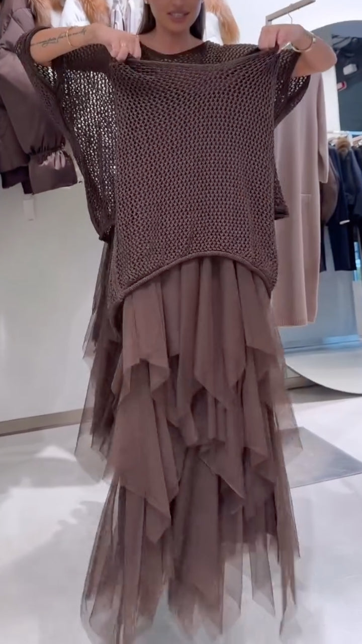 Brown Open-Knit Top & Layered Asymmetric Dress Set