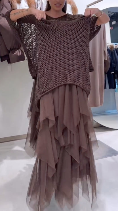 Brown Open-Knit Top & Layered Asymmetric Dress Set