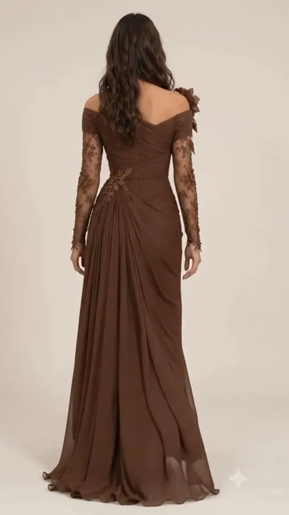 Chocolate Floral-Applique Draped Evening Gown