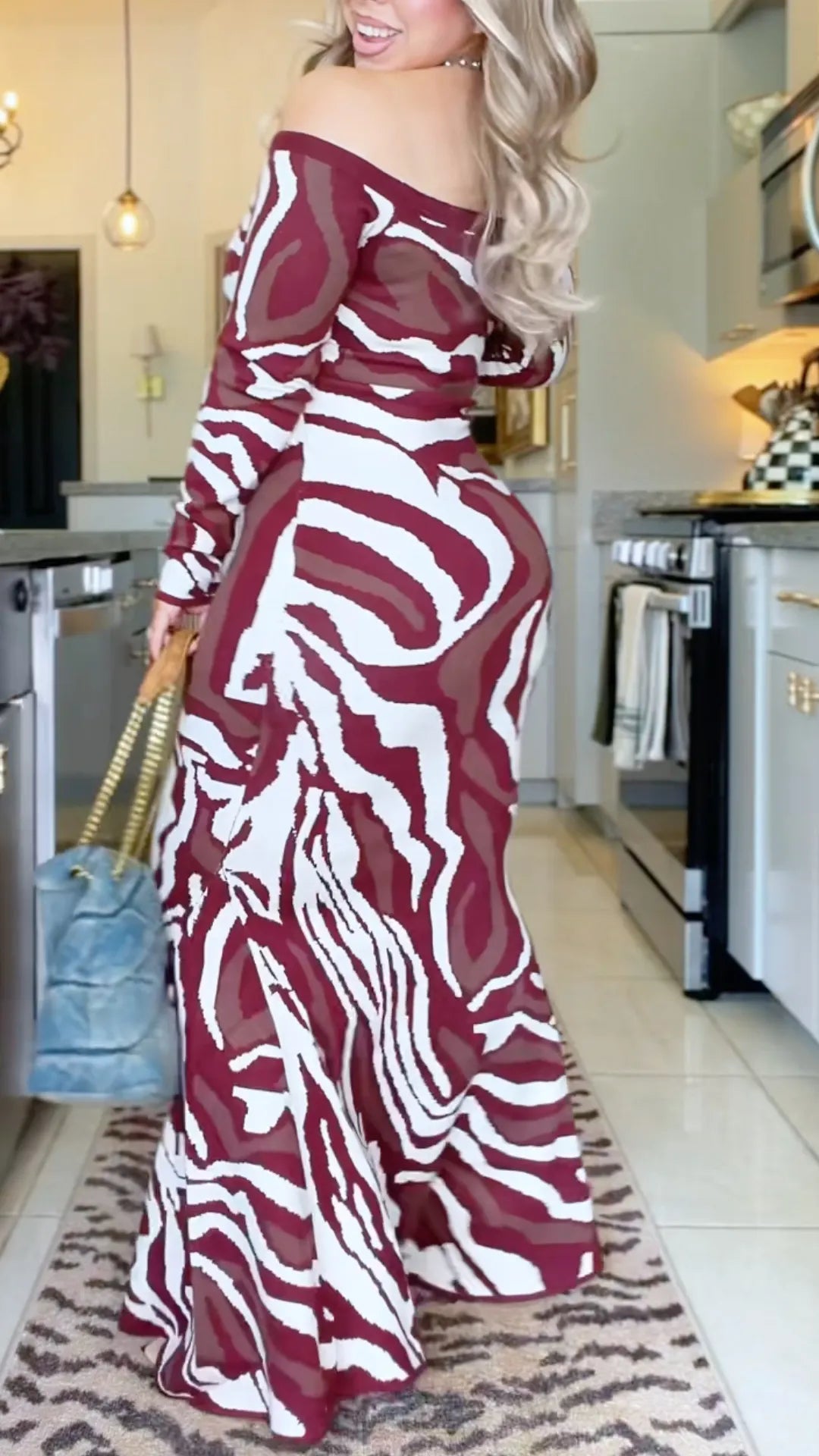 Burgundy Abstract-Stripe Off-Shoulder Maxi Dress