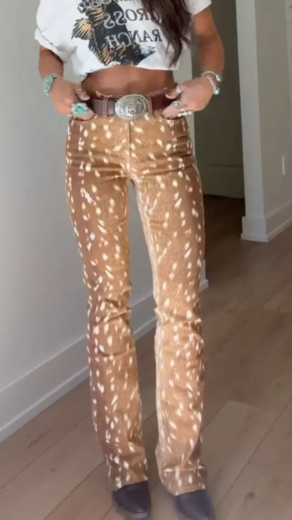 Tan Spotted-Print Flared Pants
