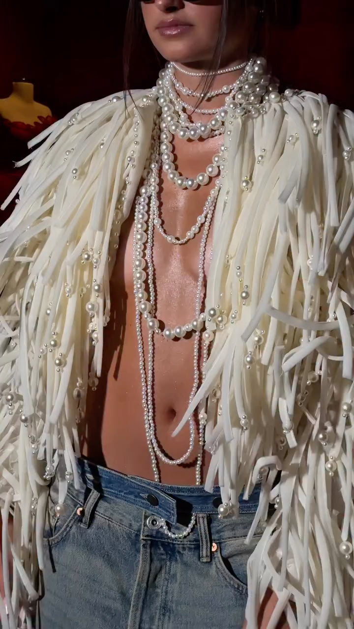 Ivory Pearl-Trim Fringe Statement Jacket