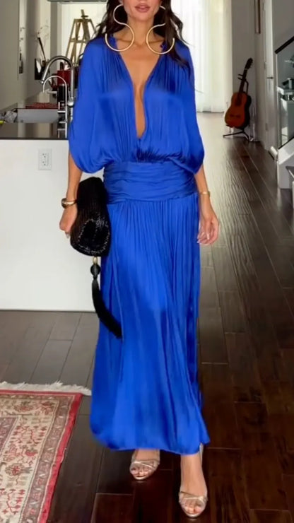 Royal-Blue Plunge-Neck Ruched-Waist Maxi Dress