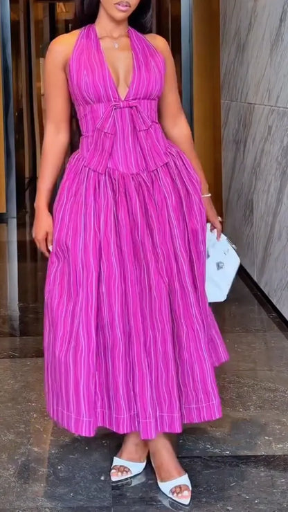 Fuchsia Stripe Halter Peplum Dress