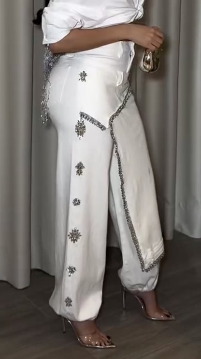 Ivory Rhinestone-Trim Overlay Harem Pants