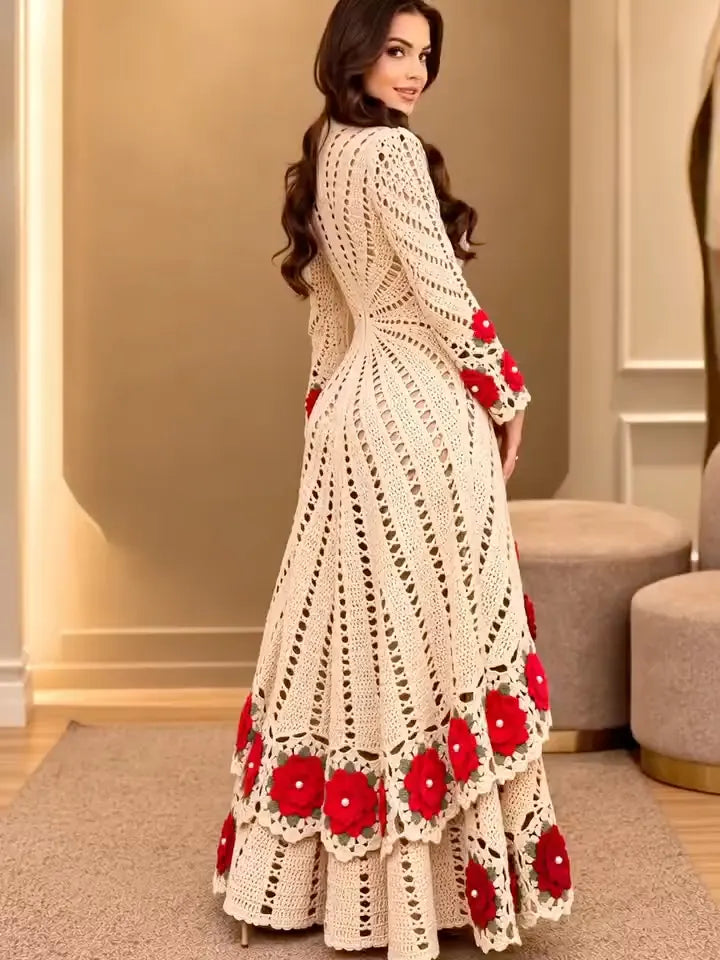 Ivory Red-Floral Crochet Longline Top & Wide-Leg Pants Set