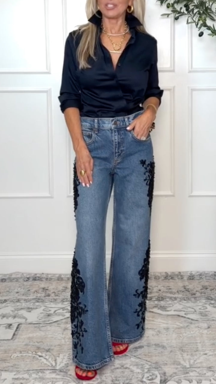 Blue Black-Floral Applique Wide-Leg Jeans