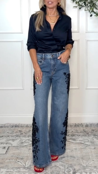 Blue Black-Floral Applique Wide-Leg Jeans