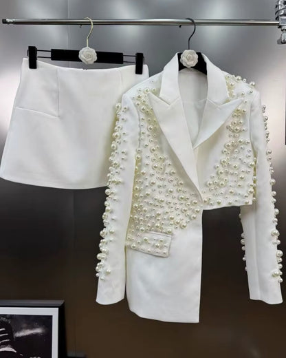 Ivory Pearl-Embellished Asymmetric Blazer & Mini Skirt Set