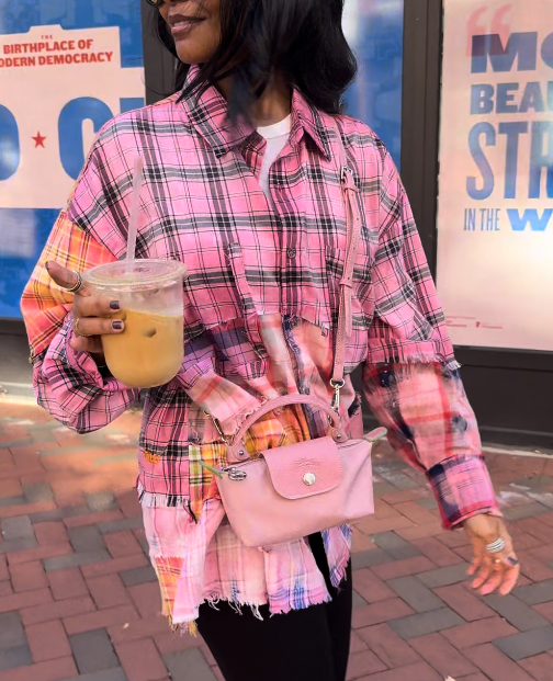 Pink Plaid Raw-Hem Longline Shirt Jacket
