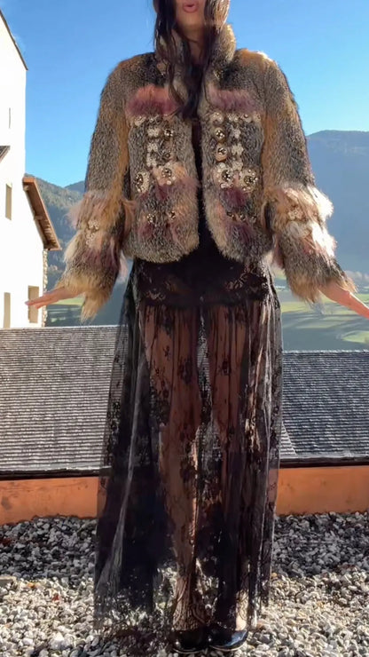 Leopard-Pattern Plush-Trim Textured Jacket