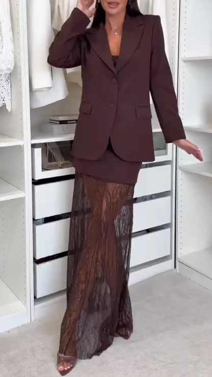 Chocolate Blazer Corset Top and Sheer-Lace Maxi Skirt Set