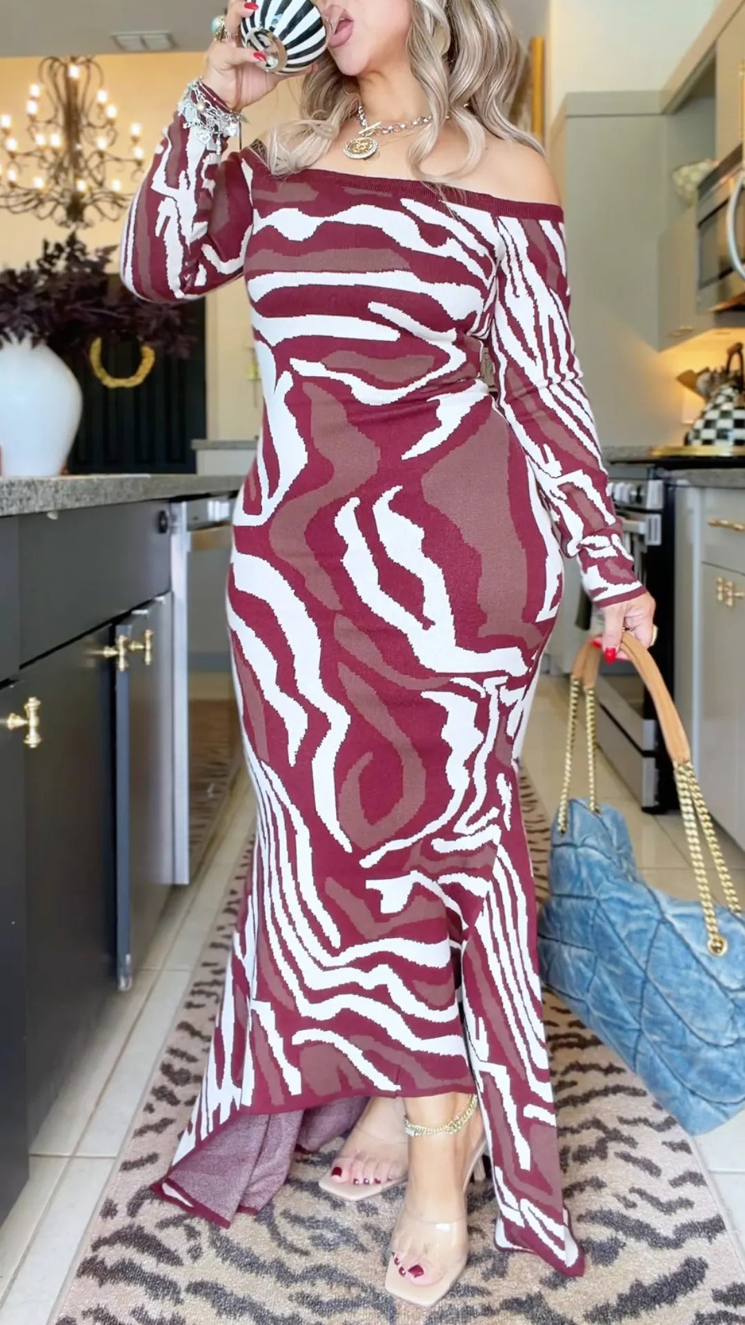 Burgundy Abstract-Stripe Off-Shoulder Maxi Dress