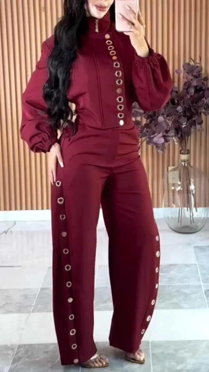 Black Metal-Ring Button Top and Eyelet Wide-Leg Pants Set