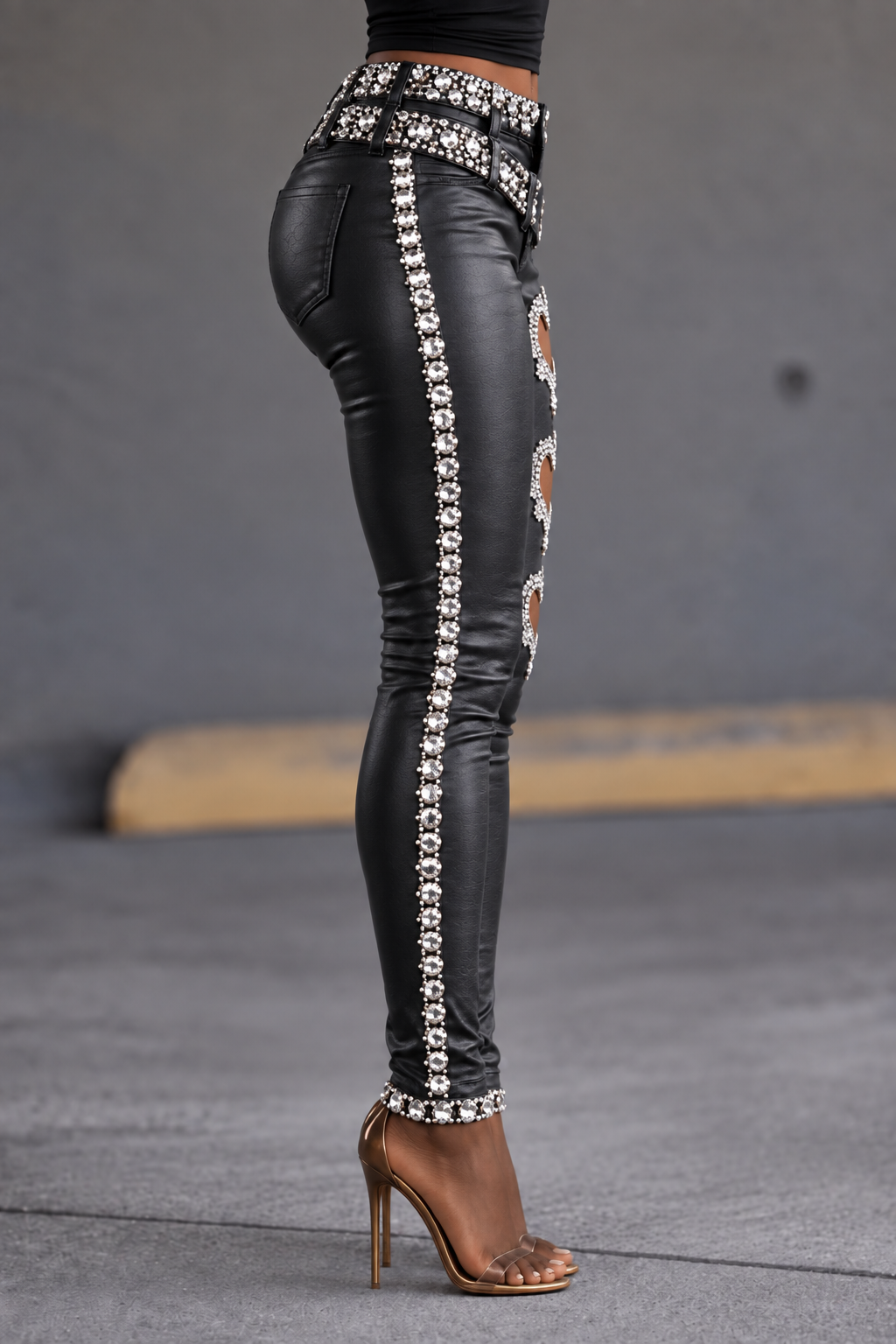 Rhinestone Heart-Cutout Layered-Waist Skinny Pants