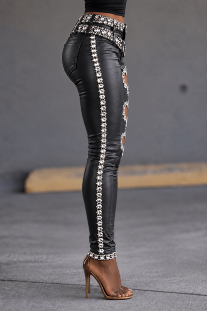 Rhinestone Heart-Cutout Layered-Waist Skinny Pants