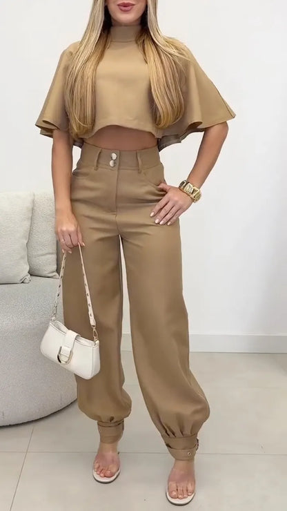 Camel High-Neck Cape Crop Top and Cuffed Balloon Pants Set