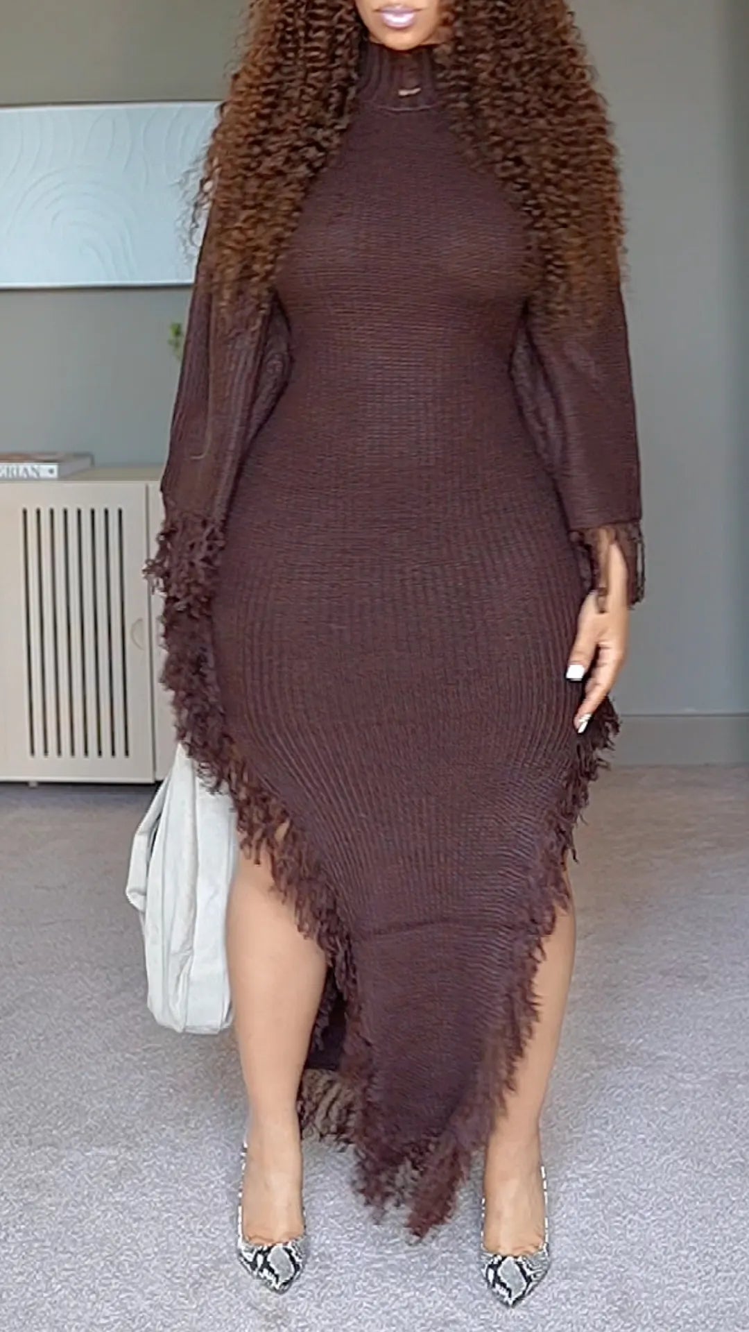 Chocolate Ribbed High-Neck Asymmetric Fringe Dress