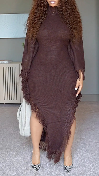 Chocolate Ribbed High-Neck Asymmetric Fringe Dress
