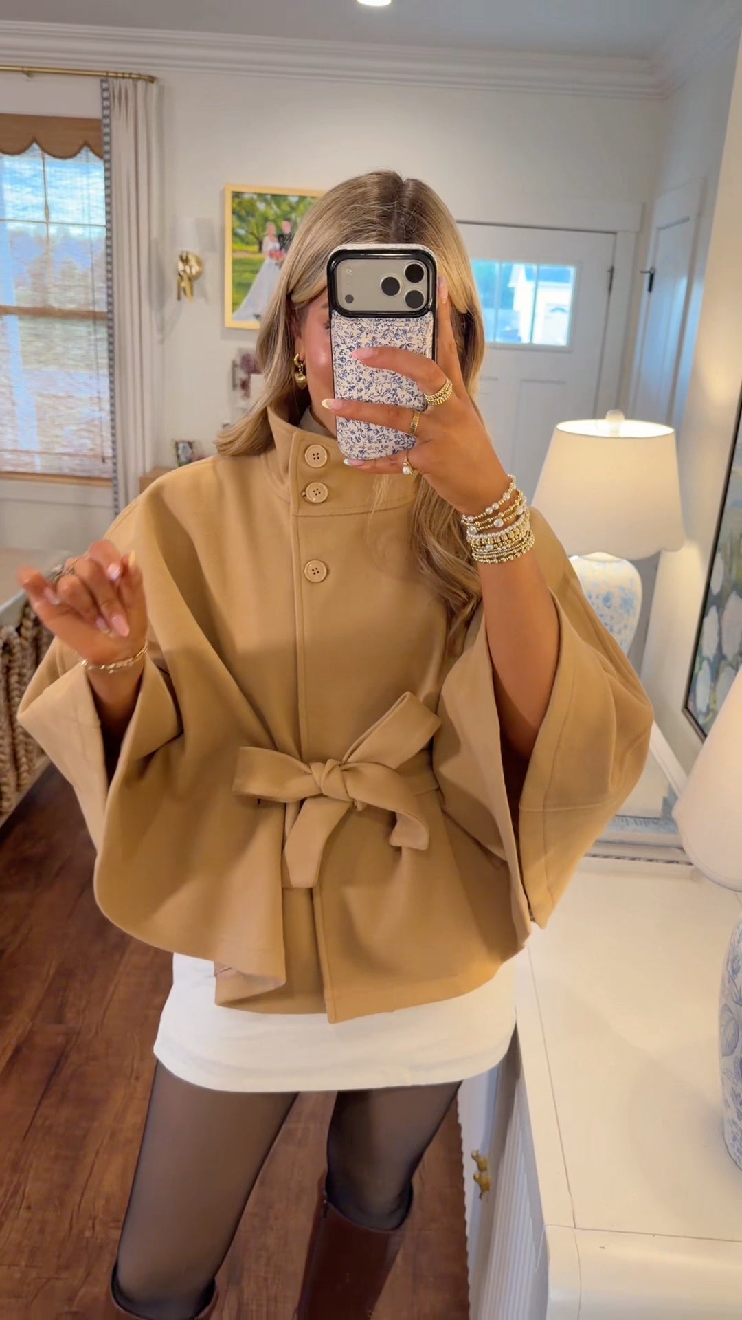 Chocolate Stand-Collar Tie-Waist Cape Jacket