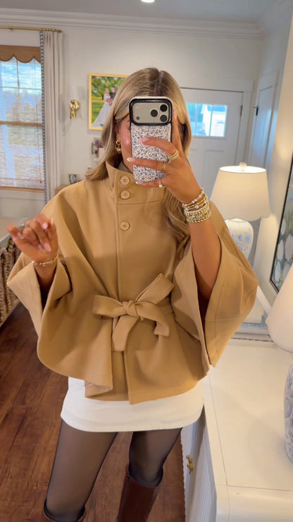 Chocolate Stand-Collar Tie-Waist Cape Jacket