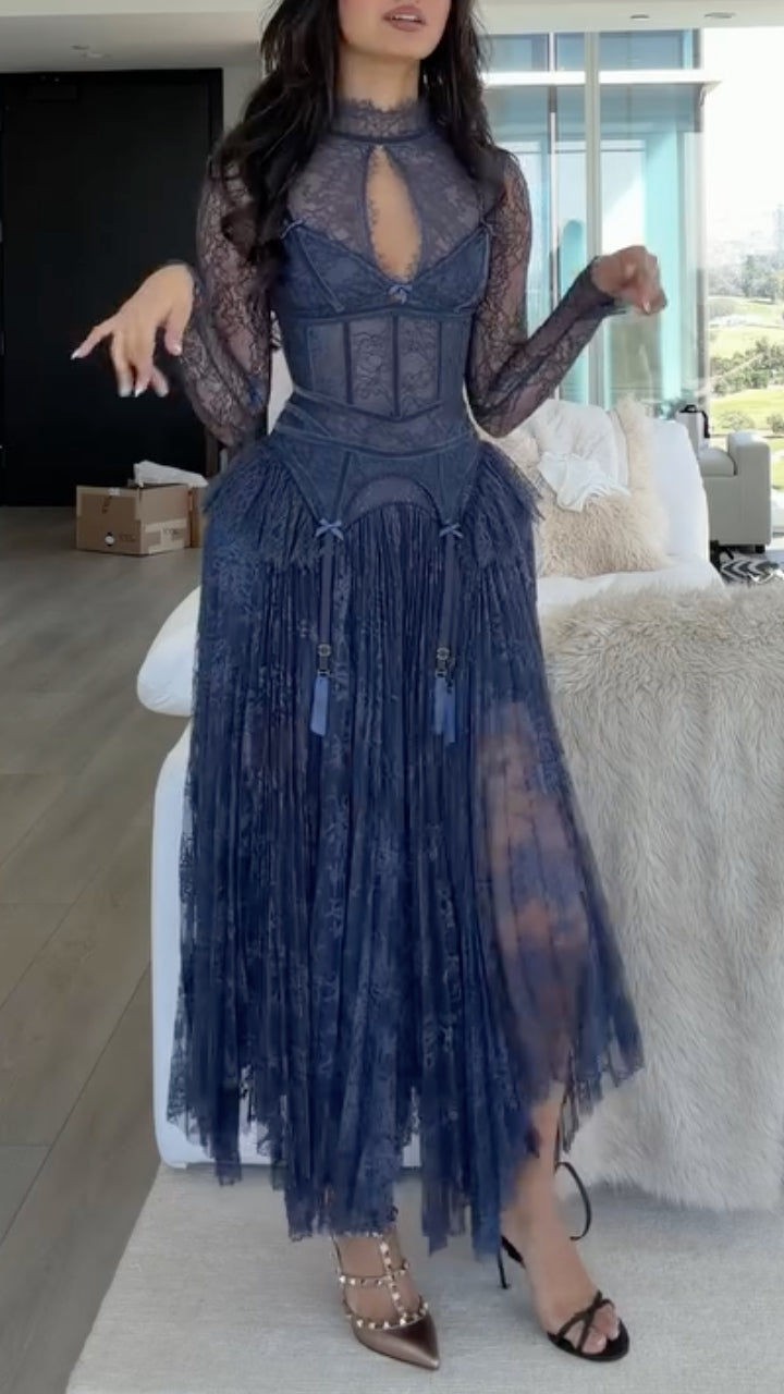 Slate Blue Lace Corset-Style Fringe Midi Dress