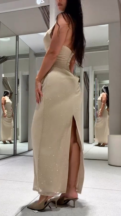 Champagne Draped Halter-Neck Ruched Maxi Dress