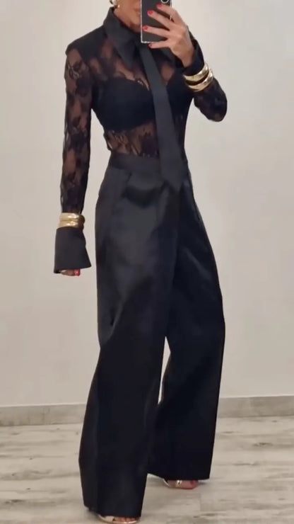 Black Floral Lace Shirt and Wide-Leg Pants Set