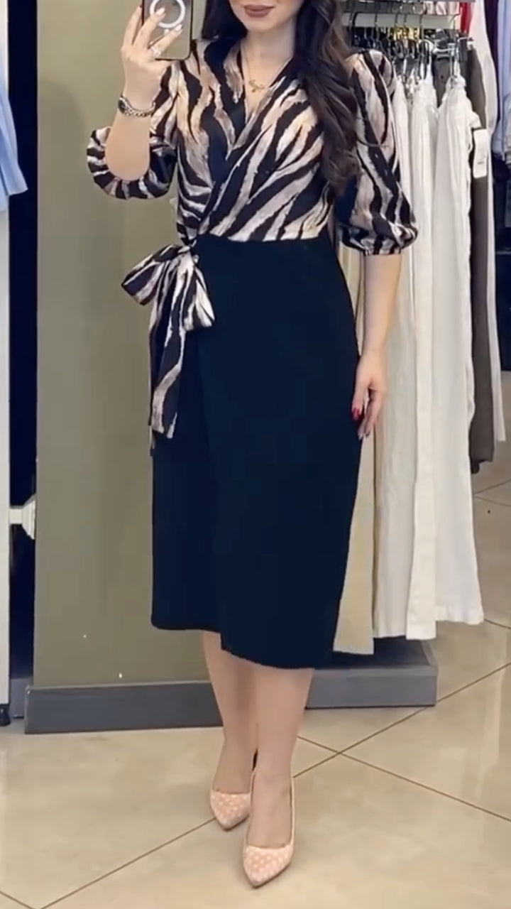 Zebra-Print Wrap-Bodice Contrast Pencil Midi Dress