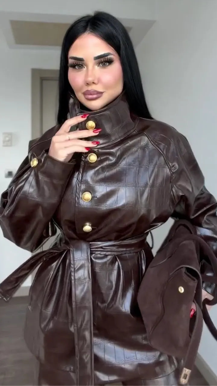 Chocolate Glossy Belted Jacket & Wide-Leg Pants Set