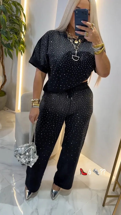 Black Sparkle-Dot Top & Drawstring Pants Set